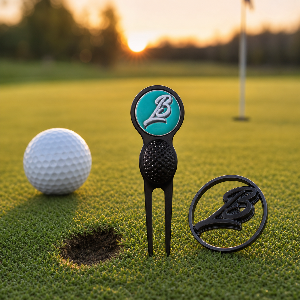 Golf divot tool and marker on a putting green
