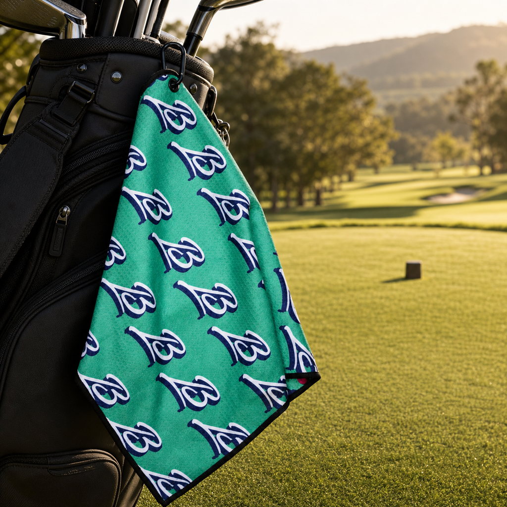 Green Hyperweave golf towel clipped to a golf bag