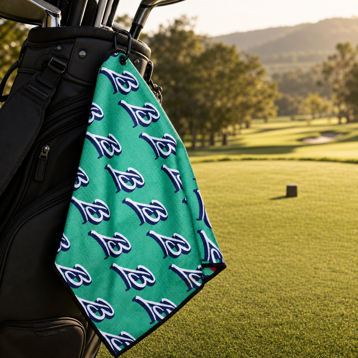 Green Hyperweave golf towel clipped to a golf bag