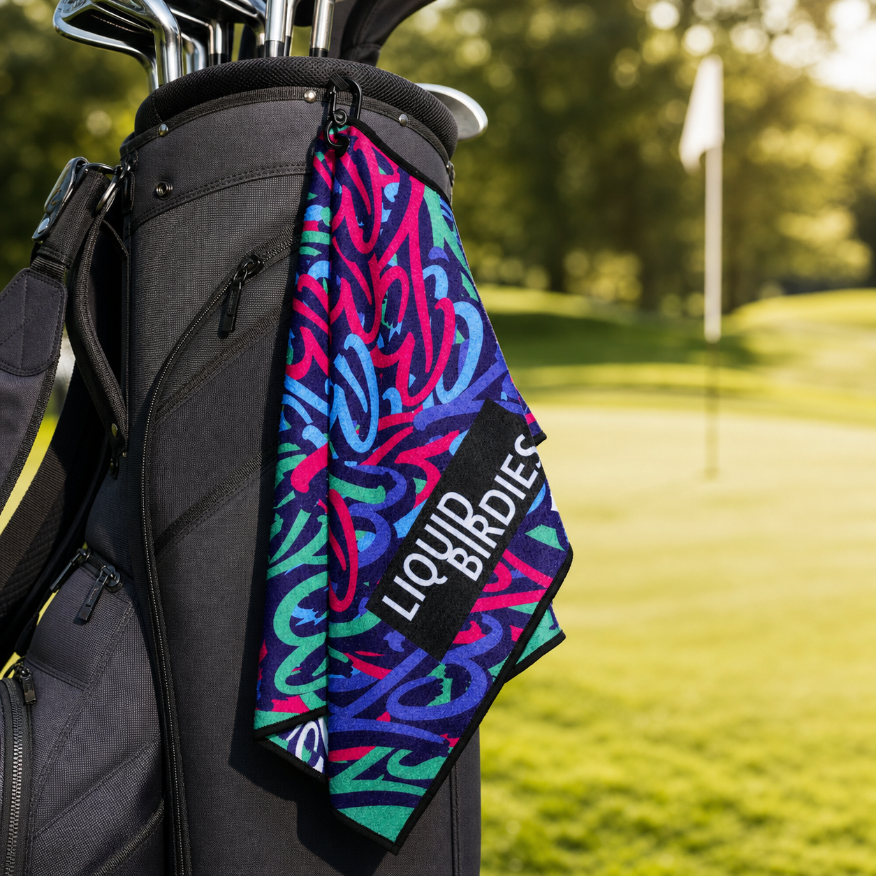 Liquid Pattern Hyperweave golf towel clipped to a golf bag