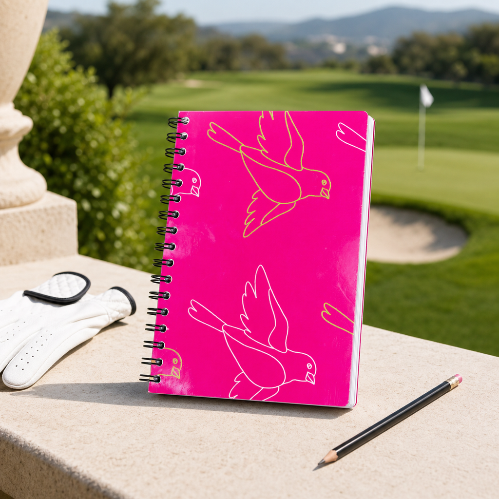 Pink Golf Performance Journal overlooking a golf green