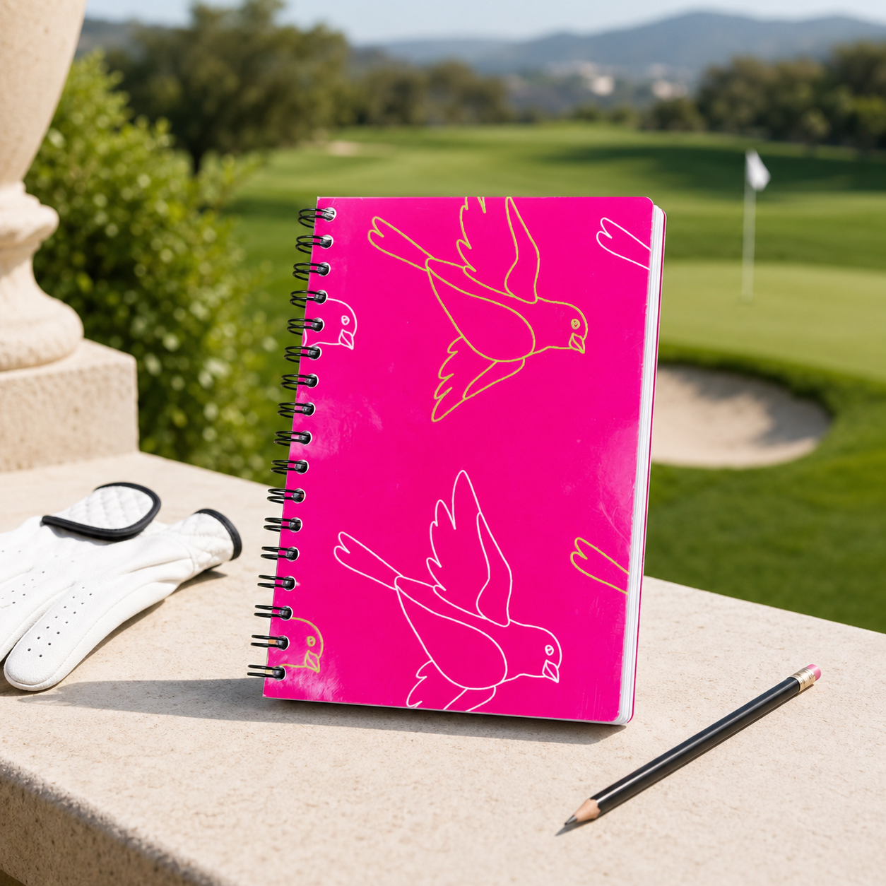 Pink Golf Performance Journal overlooking a golf green