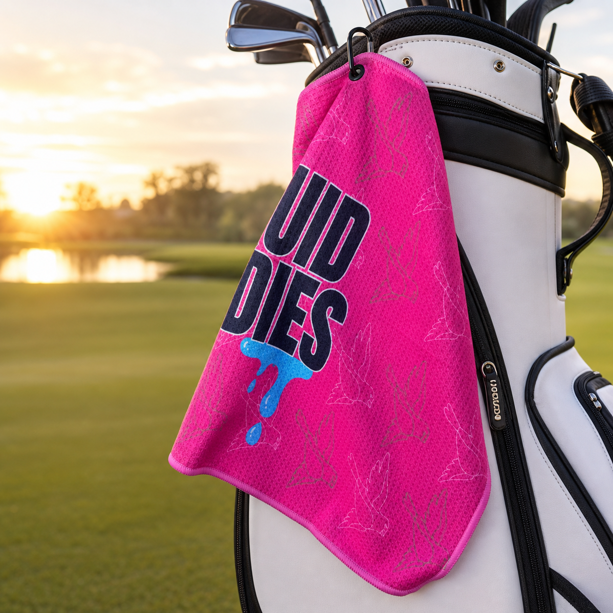 Pink Hyperweave golf towel clipped to a golf bag